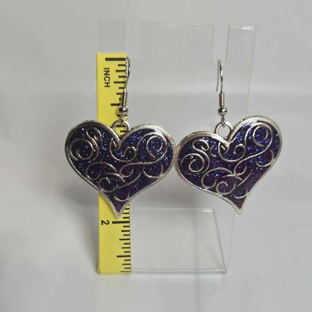 #193- Silver and Purple Swirl Heart Earrings